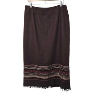Vintage Maxi Skirt Size 14 Brown Wool Blend Fringe Hem Aztec Trim Pencil Career‎